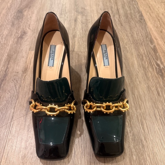 Prada Shoes - Prada Women's Black Patent Leather Chain Loafer Heels with dust bag